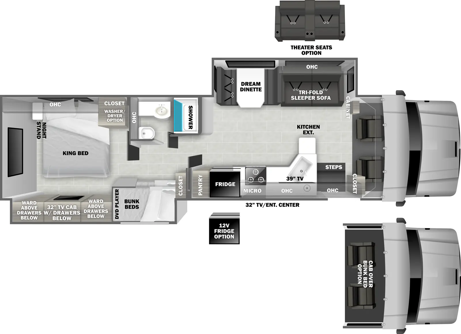 The DX3 37BD floorplan has one entry and two slide outs. Exterior features include: 13'6" awning and outside entertainment. Interiors features include: bunk beds, rear bedroom and bunk over cab.